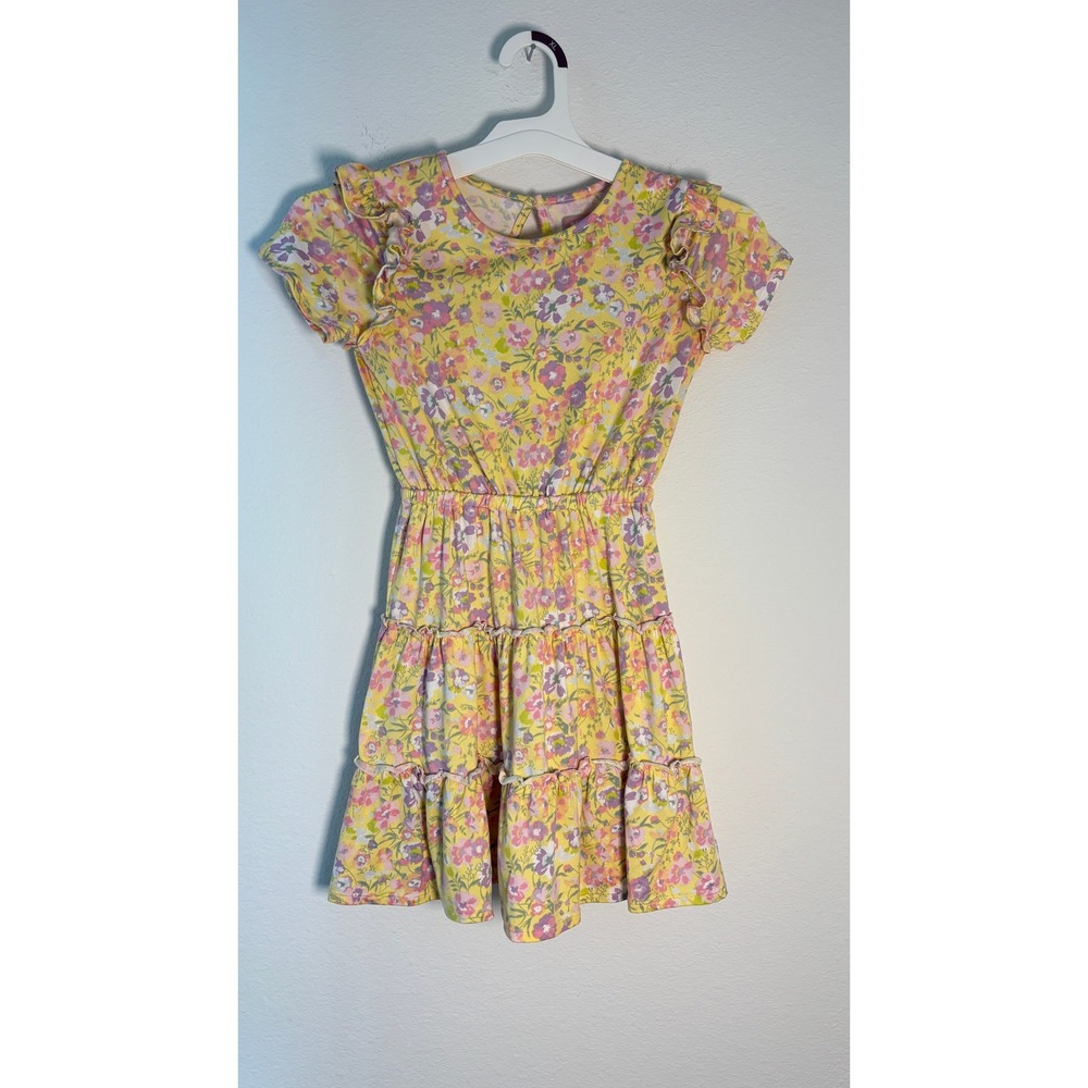 BCBG Girls Yellow Floral Tiered Ruffle Sleeve‎ Dress Size 7/8 Small